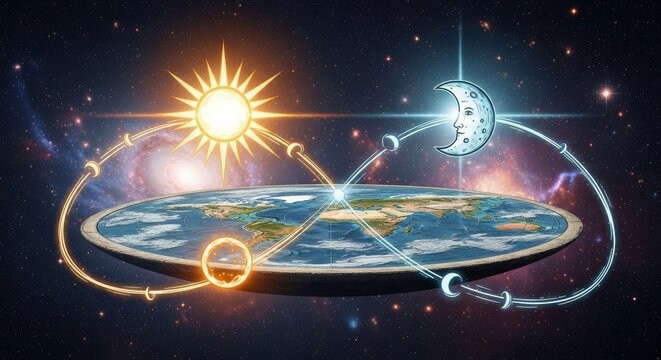 Flat Earth with Stylized Sun and Moon Orbiting