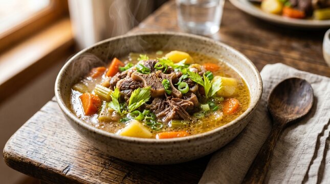 A bowl of steaming hot beef oxtail soup with fresh vegetables on a rustic wooden table