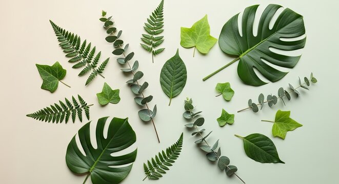 Natural green foliage arrangement featuring various tropical monstera and eucalyptus leaves spread across a gradient surface creating a harmonious display of organic textures for botanical