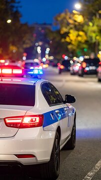 A white police car with blue and red lights on a city street at night