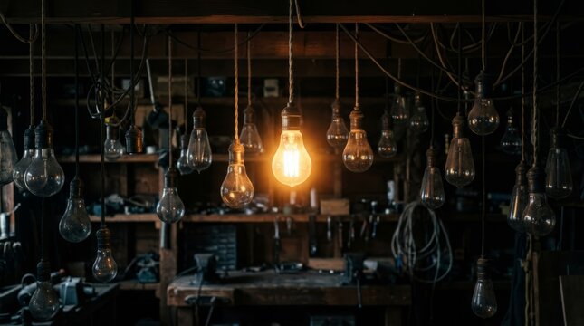 A single glowing lightbulb illuminates a cluttered workshop filled with vintage lamps and tools.