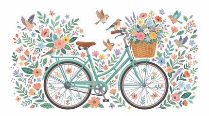 Fototapeta premium Vintage Bicycle with Basket Full of Flowers and Birds.