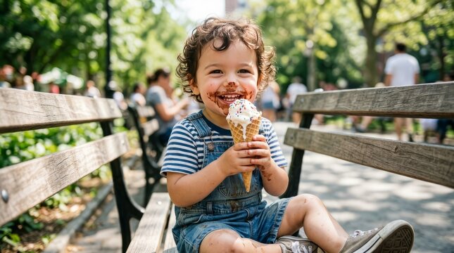 Joyful child with chocolate-smeared face eating ice cream in a sunny park