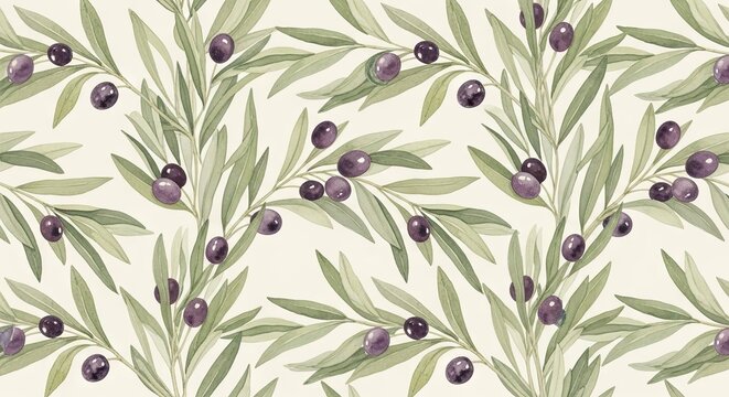 Natural organic olives hanging from green leafy branches growing in a garden orchard harvest pattern created to display mediterranean agricultural bounty and traditional Mediterranean kitchen