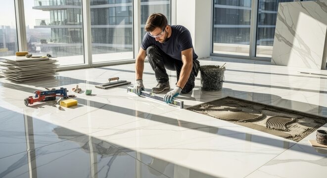 Man installing tile flooring in modern interior construction project