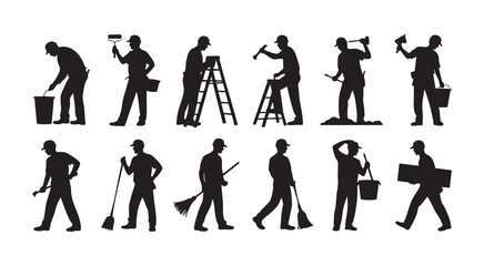 Fototapeta premium Construction workers silhouettes with tools and equipment performing various tasks