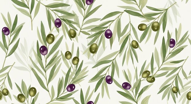 Natural organic pattern featuring ripe green and dark purple olives hanging from lush leafy branches to create a timeless Mediterranean harvest theme suitable for textile and wrapping paper
