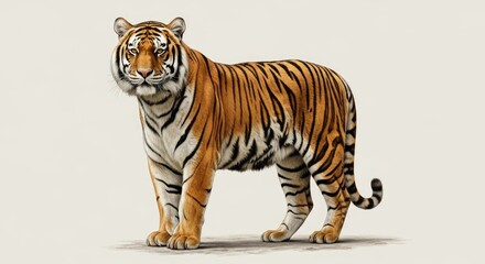Obraz premium A fierce wild tiger stands with pride showing its orange fur and black stripes while looking forward with intensity as a powerful predatory animal representing strength and beauty in the natural