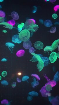 Group of vibrant neon jellyfish swimming gracefully in a dark aquarium. These glowing pink and blue moon jellyfish create a surreal bioluminescent underwater scene, perfect for marine life