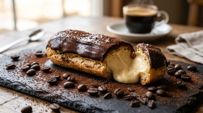 Decadent chocolate eclair filled with creamy vanilla custard, dusted with cocoa and coffee beans.