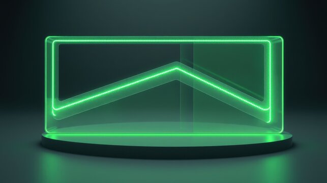Neon green geometric shape. Rectangular prism with chevron inside. Dark background creates dramatic lighting effect. Minimalist design.