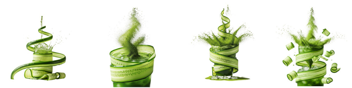 Refreshing cucumber detox drinks with green powder splashes on black