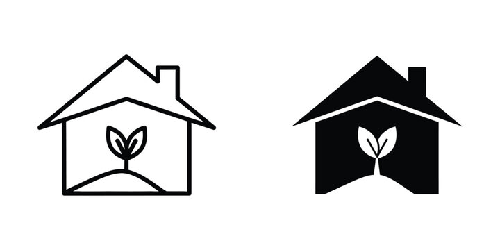 Minimalist house icon with sprouting plant inside