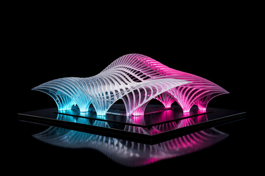 Glowing parametric architectural model with blue and pink lighting