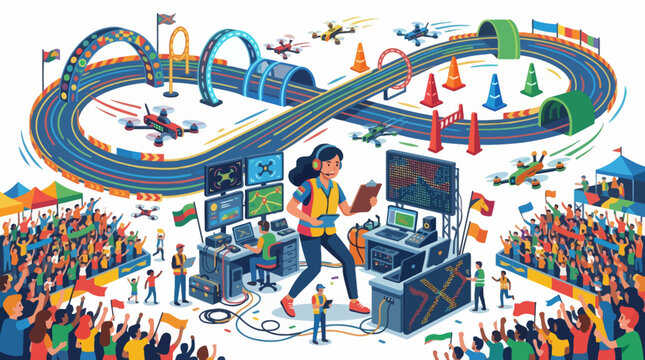 Woman operating complex control center for drone racing event.