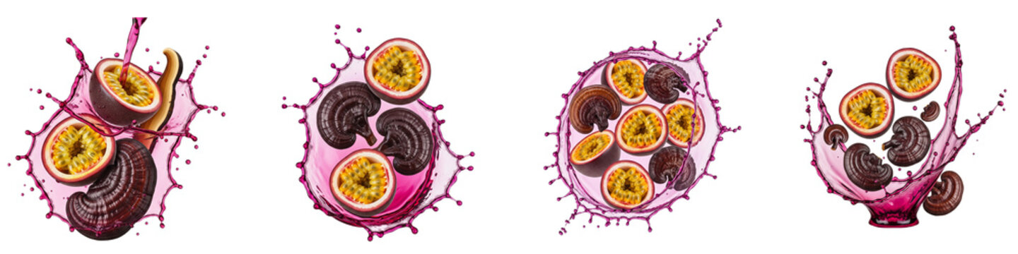 Reishi mushroom and passion fruit with pink liquid splash on black
