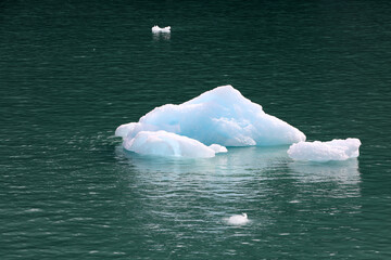 Small glowing blue iceberg floating in the calm turquoise waters of an Alaskan fjord © AJITH.A