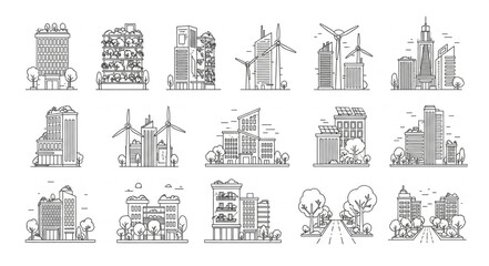 Naklejka premium Collection of Hand Drawn City Buildings and Trees in Sketch Style.