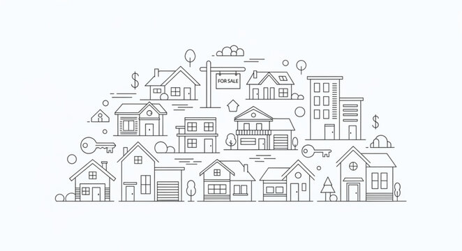 Collection of hand drawn houses and buildings in sketch style.