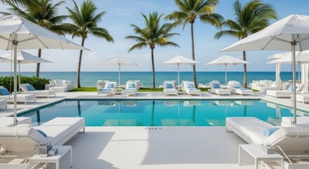 Fototapeta premium Sunlit Tropical Resort Swimming Pool Area Featuring Comfortable Loungers Under Shade Umbrellas With Palm Trees Facing The Ocean Waves During A Bright Day Providing A Relaxing Leisure Travel