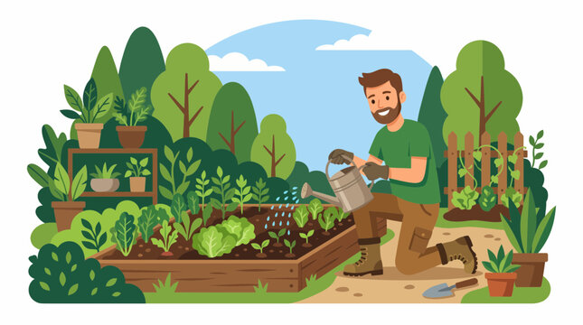 Gardener carefully waters young vegetable plants in an outdoor garden bed during a bright spring afternoon.