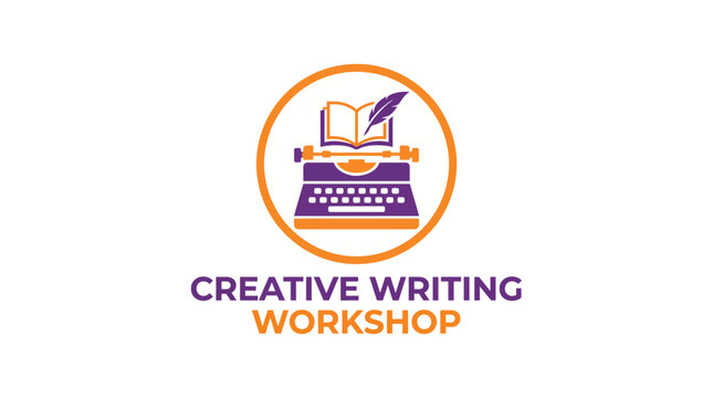This logo for a creative writing workshop features a vintage typewriter and an open book, symbolizing inspiration and expression, great for writers and literary enthusiasts.