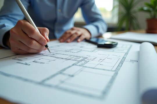 Architect's Hand Drawing Blueprint with Security Equipment in Close-Up Photo