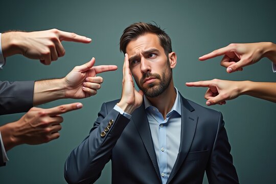 A Stressed Businessman in the Workplace with Many Accusing Hands