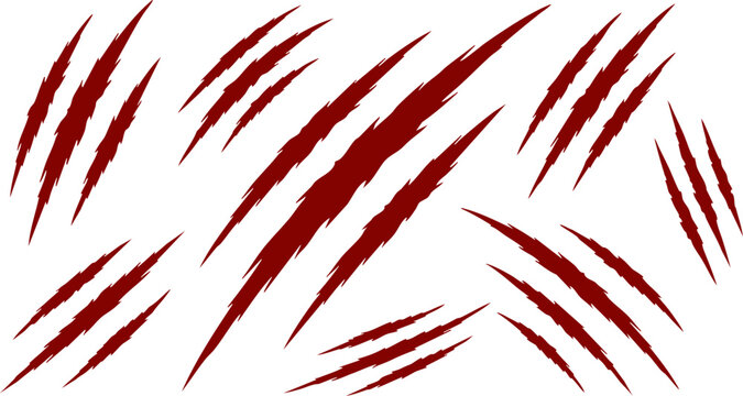 Bloody claw marks and animal scratch set, dark red monster slash marks on white background, predator attack wound vector illustration