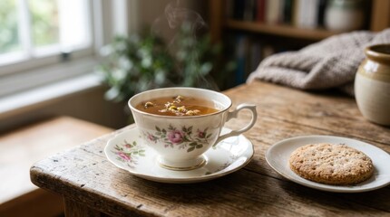 Fototapeta premium Cozy Morning Scene with Herbal Tea and Cookie