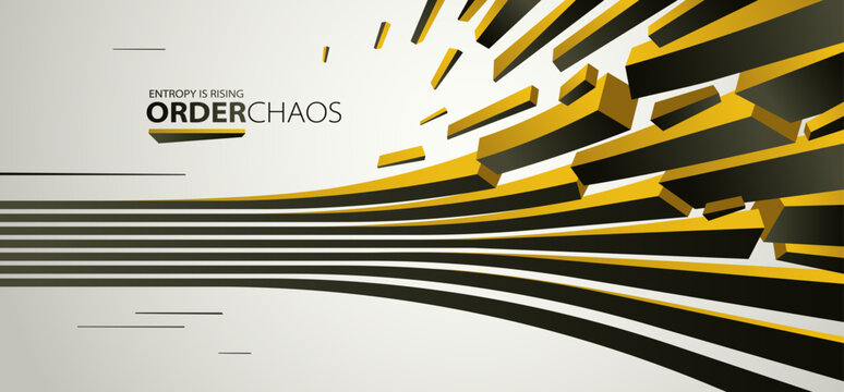 Debris particles exploding in chaos vector abstract background, entropy is rising to decay and disorder, elements flying in motion, 3D wallpaper.