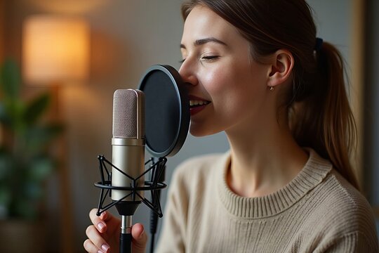 Title: A young woman uses a microphone to create ASMR sounds for relaxation and stress relief.