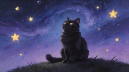 Fototapeta premium Black cat gazing at starry sky