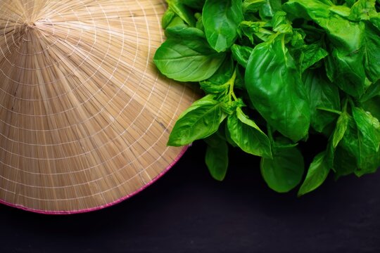 バジルの葉は円錐形の帽子の隣に飾られています