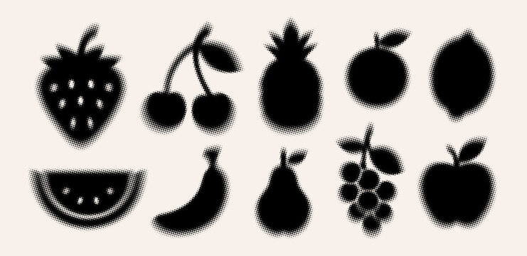 Halftone Fruit Silhouettes Set, Grainy Dot Texture Strawberry Cherry Apple Banana Grape Icons, Retro Stipple Vector Collection