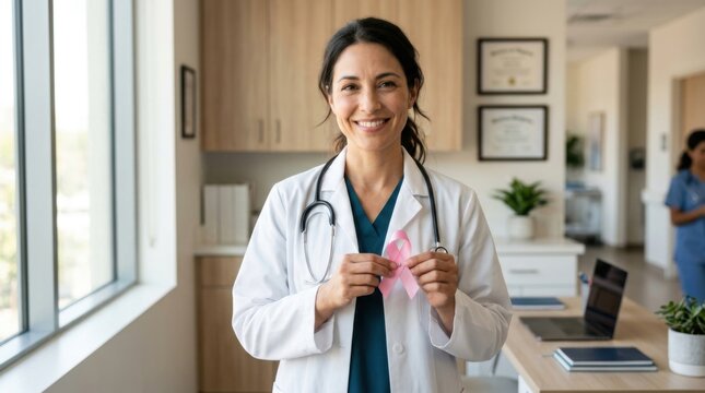 Female doctor holding a pink breast cancer awareness ribbon in clinic