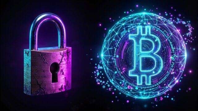 Digital padlock glows purple, besides glowing Bitcoin symbol. Cybersecurity theme highlights crypto protection