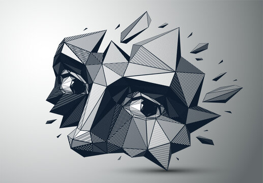 Low poly polygonal portrait of human face breaking into fragments, abstract geometric explosion of shattered pieces, modern digital illustration.