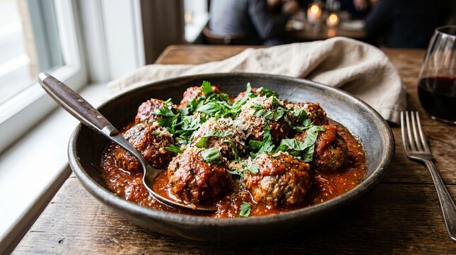 Hearty homemade meatballs simmered in rich tomato sauce, a comforting meal served in a rustic bowl.
