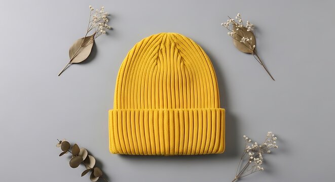 Yellow knit beanie hat with leaves.