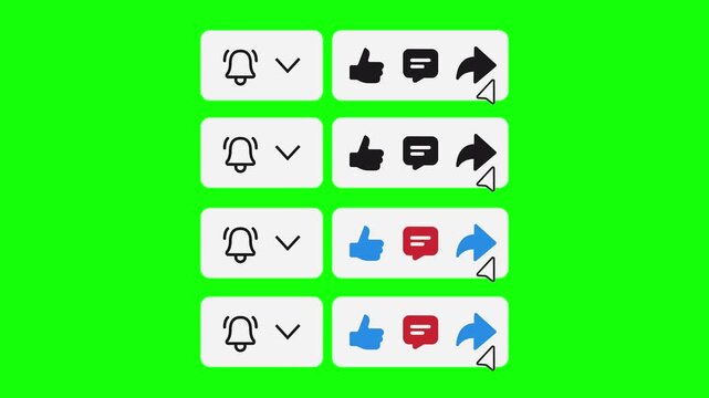 4 Subscribe Buttons Pack - Bell Like Comment Share Icons - Green Screen 4K. The button changes from SUBSCRIBE to SUBSCRIBED after click, followed by bell notification and icons (like, comment, share).