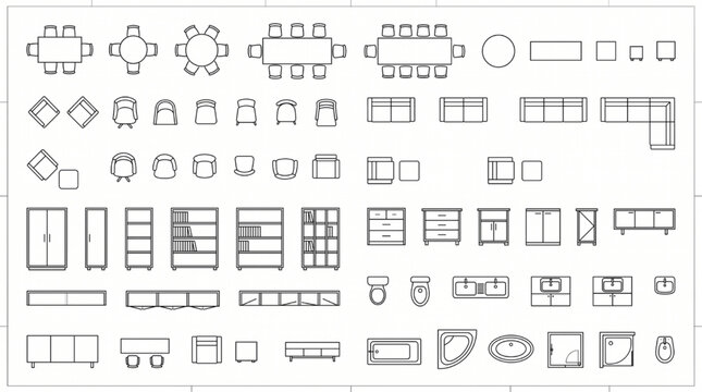 CAD Architecture Interior Floor Plan Furniture Outline Top View Icons and Symbols Set
