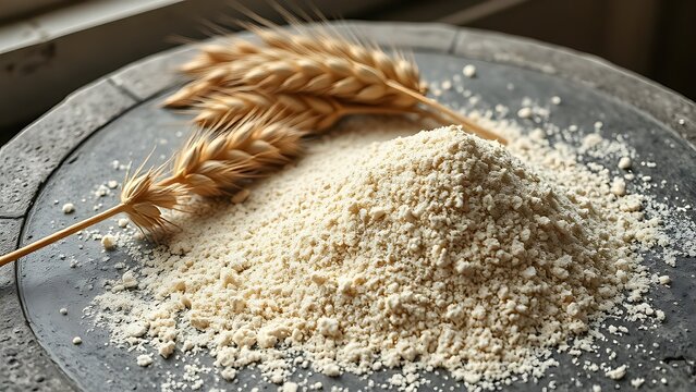 emmer. Coarse ancient wheat flour scattered on a stone slab with spiky emmer wheat ears. menu design, packaging mockups, designed for culinary blogs and recipe cards for restaurants.