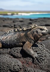 Fototapeta premium Marine iguana rests on volcanic rock near ocean in bright sunlight