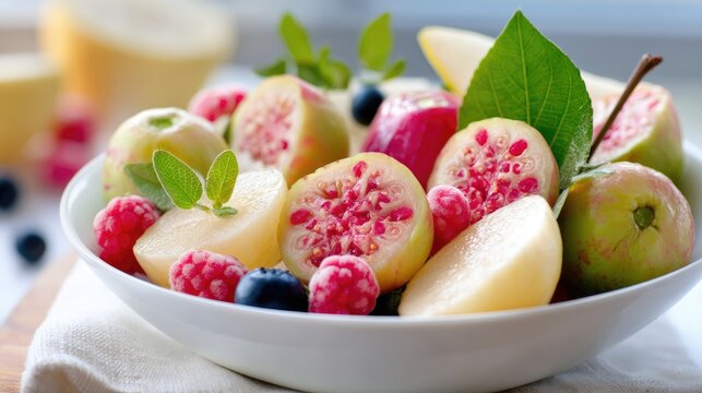 Freshly Cut Juicy Fruits with Guava, Raspberries, and Blueberries in a Bright Bowl