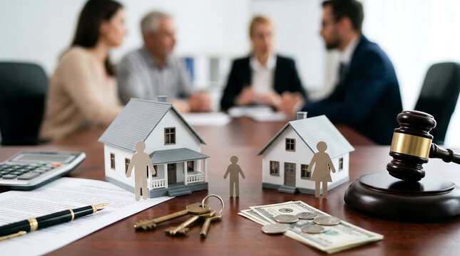 Divorce legal settlement with house models family figures and judge gavel on office desk representing property division child custody and law agreement during mediation session