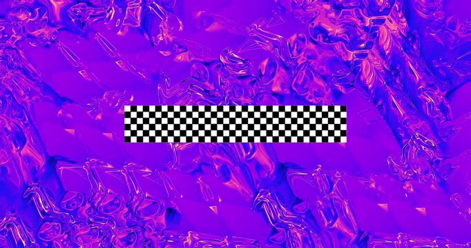 Abstract purple liquid chrome background with central checkered pattern stripe