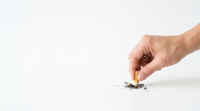 Hand crushing a cigarette butt on a white background to quit smoking