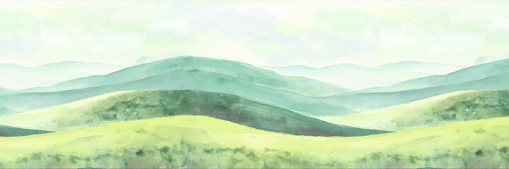 Naklejka premium Spring greenery on the hills, watercolor green background. Drawing of summer nature under blue sky and clouds. Watercolor illustration