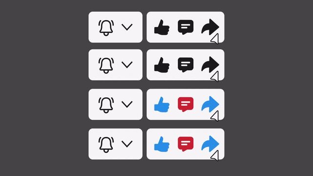 4 Subscribe Buttons Pack - Bell Like Comment Share Icons - Alpha Channel 4K. Features "Subscribe" to "Subscribed" text change with interactive icons for Bell, Like, Comment, and Share. 